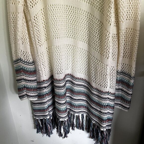C Est 1946 NWT Cardigan Long Fringe Open Front Cream W/stripes Accent,Large - Picture 3 of 7